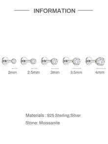 EleRunis 1pc 0.03-0.3ct Moissanite Classic Bezel Set 925 Sterling Silver Hypoallergenic Flat Back Spiral Thread Piercing Earring, Unisex, Daily Wear, Wedding Suitable - Silver - View 9