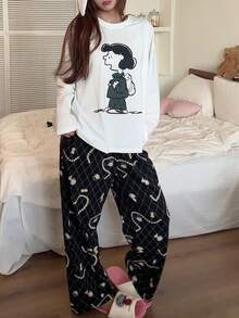 Gongdie 2pcs Snoopy Women's Pajama Set, Spring/Autumn White & Black Soft Cotton Loungewear With Argyle Pattern And Pearl Print - Black and White - View 10
