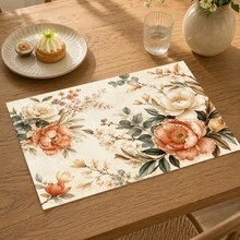 1pc French Vintage Floral Print Linen Style Placemat, Cream Base With Pink Orange Peony Rose Branch And European Scroll Border, Rectangular Table Mat, Elegant Country Style Dining Pad, Breakfast Mat, Kitchen Dining Room Wedding Party Table Decor - Multicolor - View 2