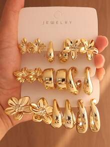 6/18PCS Fashionable Elegant Floral Geometric Textured Metallic Earring Set Suitable For Party, Banquet, Travel, Wedding, Vacation, Daily Wear Jewelry Gift (Lightweight ABS Material, Non-Fading) - Gold - View 6