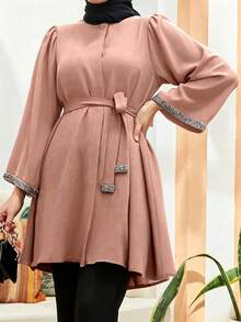 Women's Long Sleeve Sequin Decor Arabian Style Top, Modest Spring Pink Fall - Pink - View 2