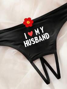 PLus Size Women's Underwear Black Printed PatternThong Sexy With Letter Crotchless Panties - Black - View 4