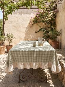 1pc Sage Green And White Small Checkered Patchwork Beige Ruffle Edge Tablecloth, Natural Vintage Style, Rectangular, Beige Ruffle Edge With Pleated Detail, Decorative And Functional, Suitable For Home Dining And French Country Home Decor - Green - View 3