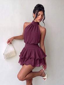 Elegant Fashion Halter Neck Backless Layered Ruffle Mini Dress - Wedding Party - Purple - View 8