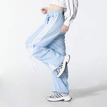 Adidas Women's Mid-Rise Tie-Waist Woven Dance-Style Bow Ribbon Straight Wide-Leg Striped Sweatpants - Baby Blue - View 5