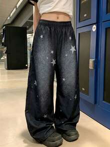 1pc Girls' Korean Street Style Washed Star Loose Wide Leg Casual Long Pants - Black - View 3