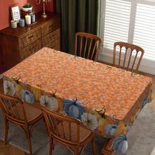 1pc Fall Blue White Pumpkin Floral Border Waterproof Tablecloth, Soft Rustic Autumn Small Flower Rectangular Table Cover, Farmhouse Thanksgiving Home Decor - Coral Orange - View 3