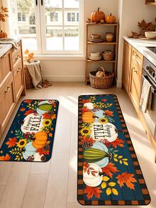 1/16Pcs Autumn Theme Doormat, Thanksgiving Door Mat, Printed With Pumpkin, Sunflower, Maple Leaf Patterns On Navy Blue Background, Autumn Harvest Festival Decorative Mat, Welcome Kitchen Rug, Dirt-Resistant Floor Mat, Autumn Party Decoration - Multicolor - View 2