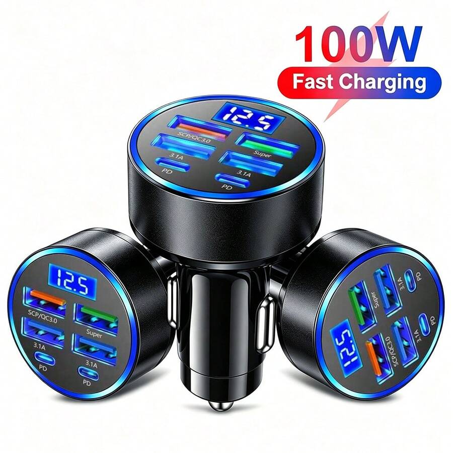 100W 车载充电器，QC3.0 快速充电，1 对 4 车载点烟器插座，5 端口车载充电器，快速充电