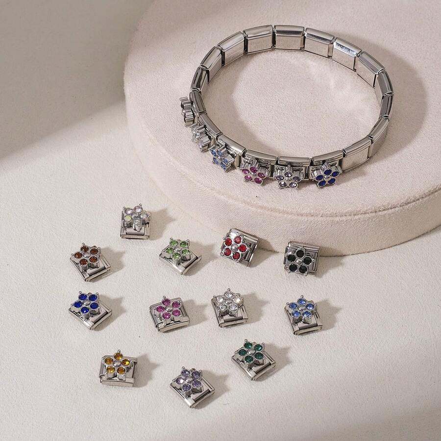 1pc Floral Rhinestone Italian Style Bracelet Charm, Multi-Color Crystal Flower Stainless Steel DIY Bracelet Pendant Jewelry Making Accessory