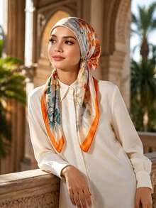 1PC Women's Orange Floral Pattern Easy-To-Wear Headscarf, Printed Satin Elastic Headwrap, Easy To Put On - Orange Floral - View 2