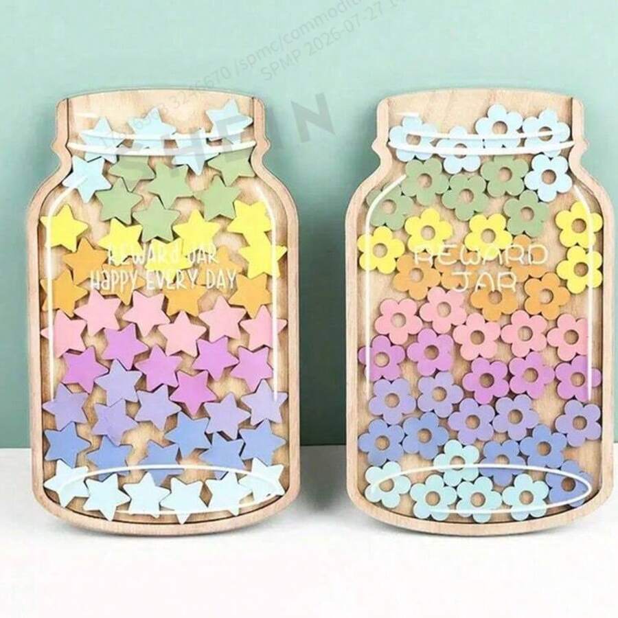 47pcs Reward Jar Set, Cool Teaching Aid Tool, Includes Star And Flower Stickers, Wooden Desktop Decor With Base, Behavior Management Tool, Wooden Star Decoration Reward System, Suitable For Classroom And Home - A - View 1