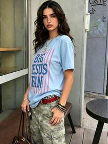 Big Jesus Fan Graphic Top-Loose-Fit Easy Relaxed Style, - Light Blue - View 4