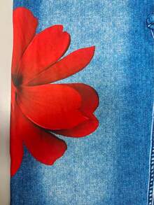 Plus Size Women's Floral Print Denim Effect Cropped Pants, Elastic High Waist Loose Wide Leg Casual Long Pants With Pockets - Blue - View 4