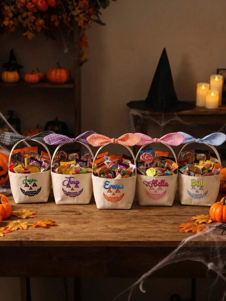 Personalized Halloween Candy Basket, Customized Name Candy Bag, Embroidered Halloween Candy Bucket, Candy Tote Bag, Halloween Gift - Multicolor - View 4