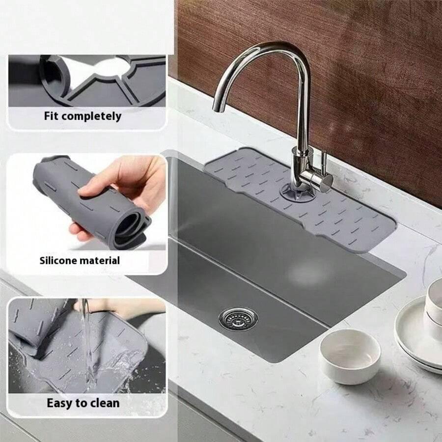 1pc Multifunctional Sink Faucet Drip Tray, Flexible Silicone Easy To Clean, Washbasin Countertop Faucet Splash Guard Storage Mat