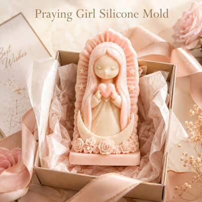 1 pieza Molde de vela perfumada de silicona con diseño de niña Virgen María sosteniendo un corazón, figura sentada con halo arqueado, vela perfumada DIY, adorno de decoración de yeso, artesanía de escritorio de resina, estilo vintage francés de curación suave