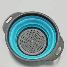 可折疊矽膠濾水籃附手柄，可收納廚房水果蔬菜清洗瀝水濾網籃，1入 - 藍色 - 查看 5