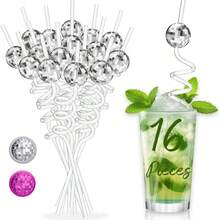 16pcs Reusable Disco Ball Straws, 70s Disco Party Decoration Mirror Ball Spiral Pattern Straws, Assorted Spiral Pattern Straws, Suitable For Bachelorette Party, Holiday, Wedding, Birthday Party Decoration, Party Supplies - Multicolor - View 16