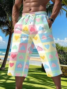 Pastel Heart Print Men's Seven-Point Pants, Casual Straight Leg Cropped Trousers, Colorful Checkerboard Pattern, Beach Vacation Summer Wear - Multicolor - View 2