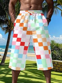 Summer Vibrant, Men's Seven-Point Pants, Casual Straight Leg Cropped Trousers, Colorful Checkerboard Pattern, Beach Vacation Wear - Multicolor - View 1