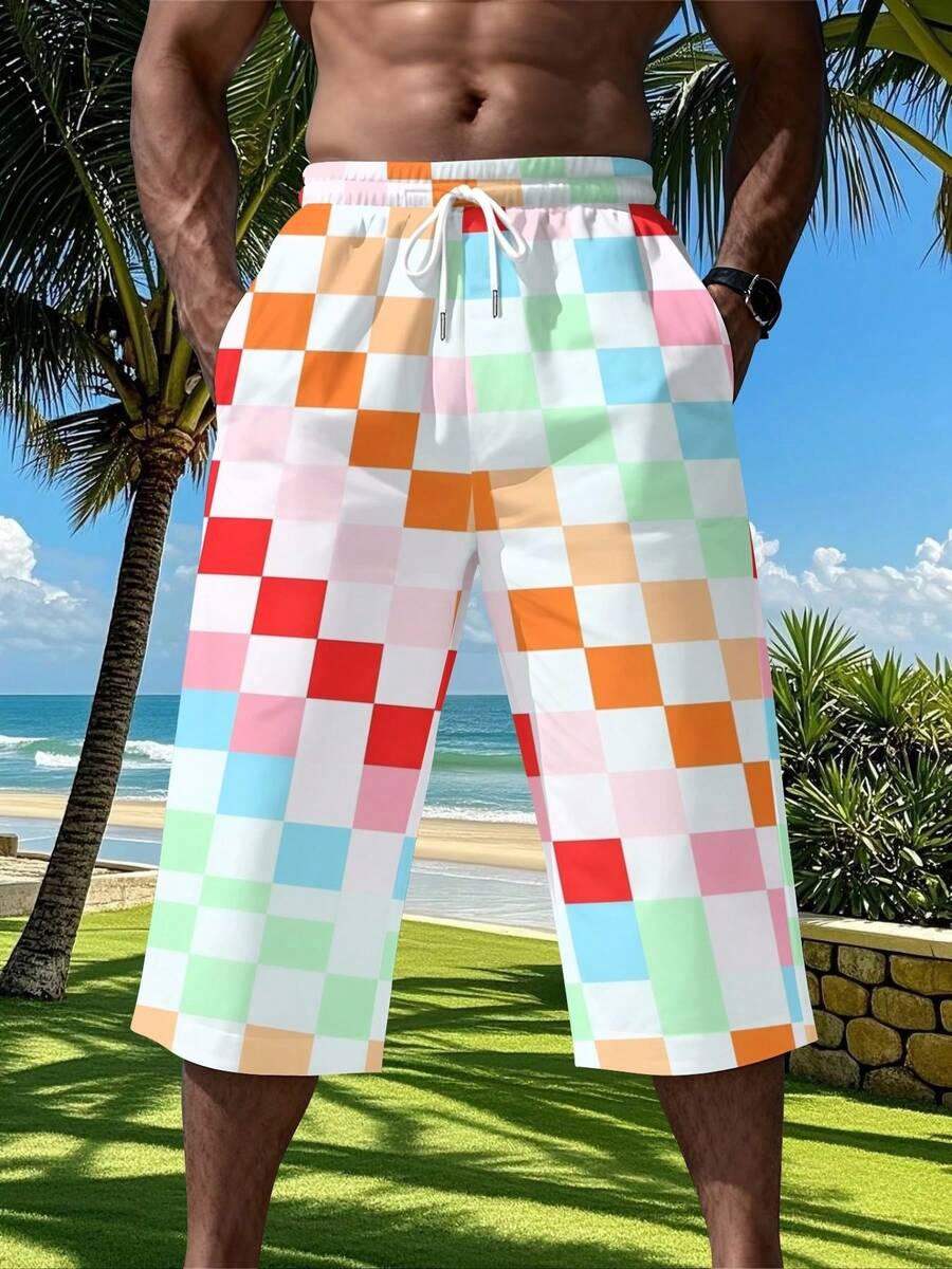 Summer Vibrant, Men's Seven-Point Pants, Casual Straight Leg Cropped Trousers, Colorful Checkerboard Pattern, Beach Vacation Wear - Multicolor - View 1