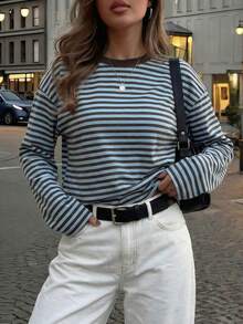 Women Blue Brown Striped Drop Shoulder Long Sleeve Crew Neck T‑Shirt, Casual Basic Loose Tops For Daily Going‑Out Fall Street Vacation Outfits - Blue-brown - View 3