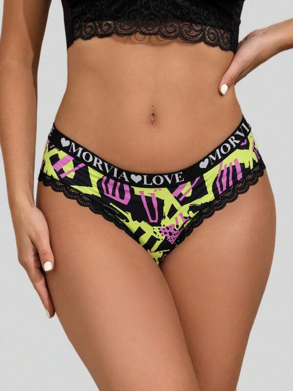 Dircho 1pc Y2K Neon Green Pink Graffiti Full Print Heart Logo Waistband Black Lace Trim Women Elastic Comfy Casual Brief Panties
