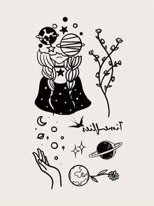 1pc Black Aesthetic Universe Planet Girl Pattern Temporary Tattoo Sticker For Party Gift, Holiday Gift, Concert, Arm, Shoulder, Neck, Collarbone, Waterproof Body Skin Tattoo - Black - View 4