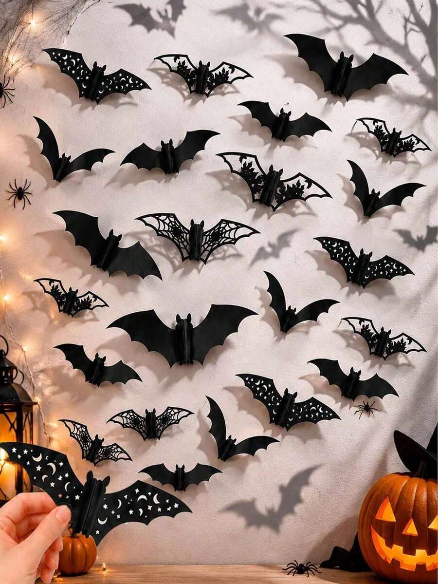 12/24 piezas Pegatinas de pared 3D huecas de murciélagos negros, 4 estilos de telaraña, luna, estrella y patrón de casa embrujada, calcomanías de pared 3D de murciélagos, decoración gótica de terror para fiesta de Halloween, adecuado para ventanas del hogar, chimenea, puerta, decoración de pared interior/exterior DIY - multicolor - Ver 1