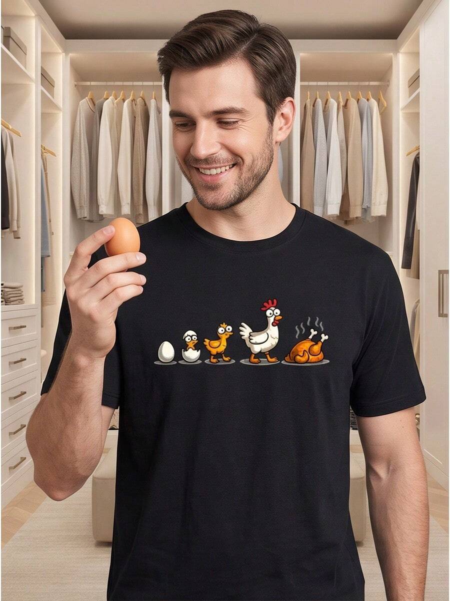 Camiseta de manga corta para hombre, 100% algodón, cómoda, con un divertido estampado gráfico de la evolución del pollo, diseño casual adecuado para el uso diario, disponible en stock local. - Negro - Ver 1