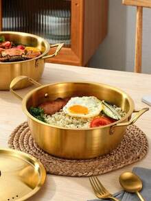 1pc Instant Noodle Pot, Gold Korean Style Ramen Pot, Stainless Steel Soup Pot, Gold Ramen Pot, Seafood Pot, Home Induction Cooker Instant Noodle Pot, Suitable For Soup, Heating Milk, Heat-Resistant Soup Pot, Dual Handle Design For Cooking Instant Noodles, Milk And Soup, Compact And Portable, Suitable For Office And Travel Use. - View 9