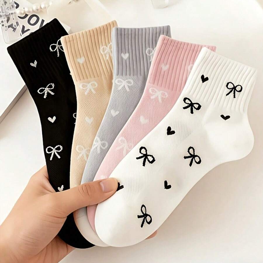 5 Pairs Autumn/Winter Short Socks - Bowknot Heart Multi-Color Women's Mid-Calf Socks, Breathable Versatile Valentine's Day Couple Socks Suitable For All Seasons - Multicolor - View 1