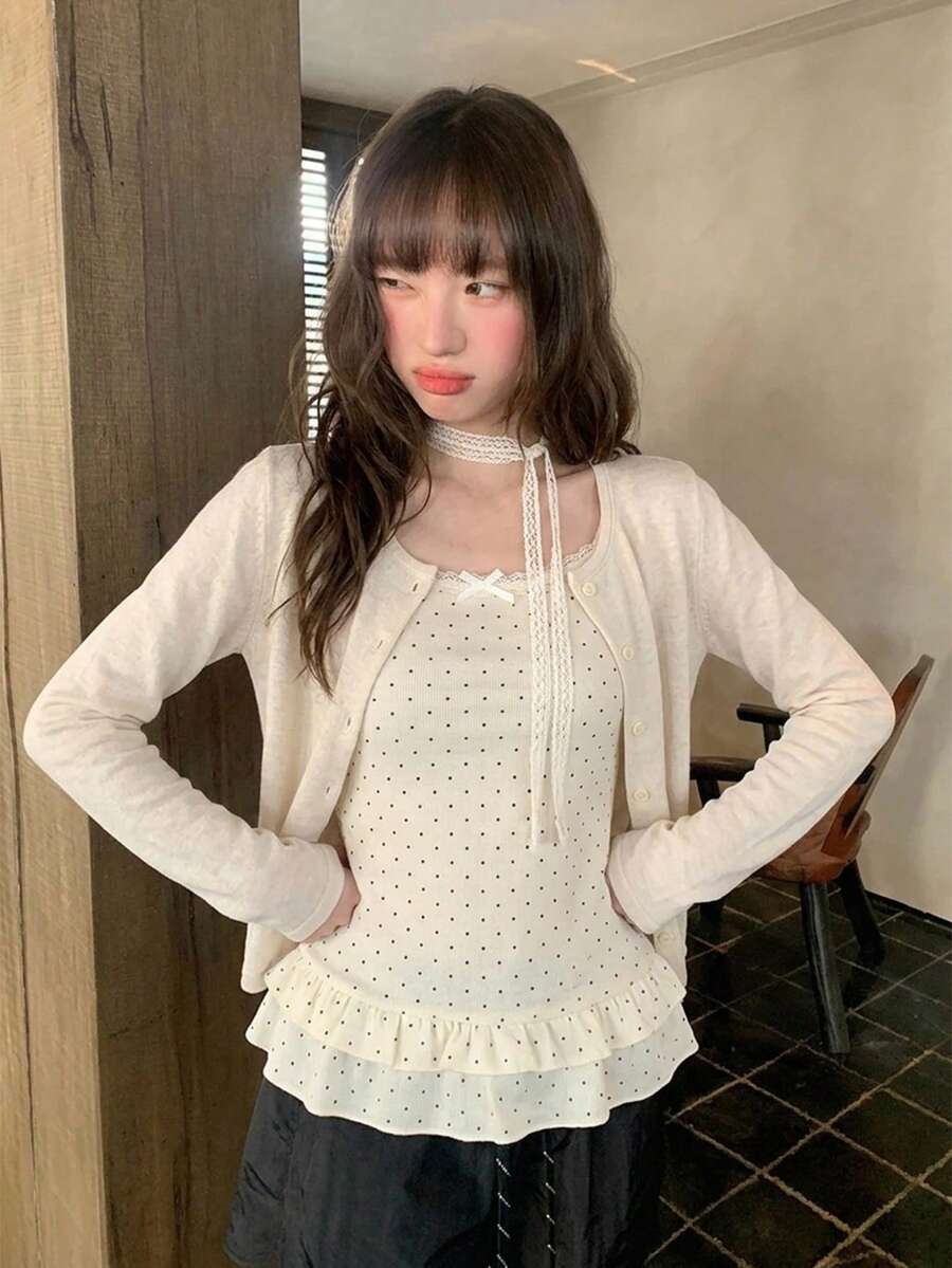 Women's White Polka Dot Ruffle Cami Top And Knit Cardigan 2 Pieces Set, Elegant Layered Outfit For Fall And Winter, Cute Casual Style - Apricot - View 1