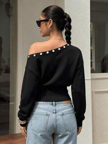 Women's Asymmetric Open Shoulder Button Decor Long Sleeve Cropped Ribbed Knit Sweater, Autumn Y2K Street Style Casual Nightclub Top - Black - View 3