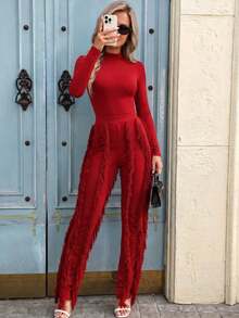 CALEBGAR Women's Sexy Two Piece Outfits Long Sleeve Fringe Pants Set Clubwear Going Out Birthday Party Night Outfits - 紅色 - 查看 6