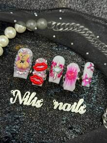 10pcs Handmade Fully Covered Square Nails Press On Nails,Hot Pink Tie Dye,Cute Y2K Sweet Girly Fake Nails,Reusable False Nails Set,Suitable For Party,Dance,Daily Wear, With Jelly Glue And Nail File,Lovely Kawaii Nail Art For Teen Girls Women - Hot Pink - View 5
