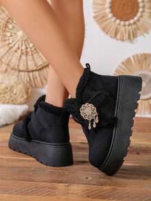 1 Pair New Chinese Style Rhinestone Pendant Thick Sole Snow Boots For Women, Autumn/Winter Thermal Lined Height-Increasing Non-Slip Boots - Black - View 6