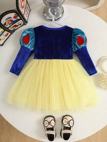 Baby Girl Velvet Fabric With Double Layer Tulle Puff Dress, Embroidered Puff Sleeve Design, Perfect For Spring And Autumn Daily Wear, Birthday, Fairy Tale Theme Party, Also A Thoughtful Gift For Baby - Blue - View 7