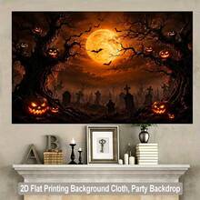 2d Flat Background Cloth, Halloween Pumpkin And Cemetery Scene Background Cloth, Wooden Wall, Hanging Ivy, Butterfly, Flowerpot, Shelf, Banner Background Suitable For Indoor Photo, Very Suitable For Halloween Banner Background. - 1 - View 4