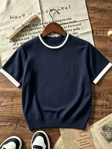 Children's Preppy Navy Blue Knit Short Sleeve Top, Striped Ribbed Collar And Cuffs With Contrast Trim, Solid Color Casual Everyday Sweater T-Shirt - Navy Blue - View 3