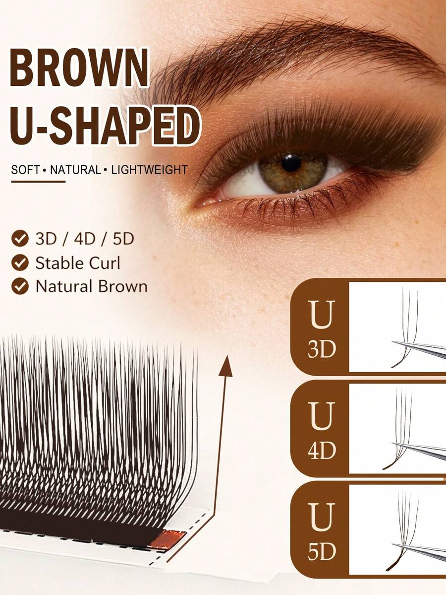 CoMango 12排 LU/M 棕色 U型 3D 4D 5D 接睫毛，新款 U型 W Bloom 絲絨絲綢睫毛，窄角預製睫毛扇，輕盈蓬鬆仿貂毛假睫毛