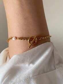 Gelang Rantai Mutiara Imitasi Asimetris dengan Gesper OT, Desain Niche Minimalis, Gaya Mewah Elegan untuk Wanita - Gelang rantai mutiara - View 2