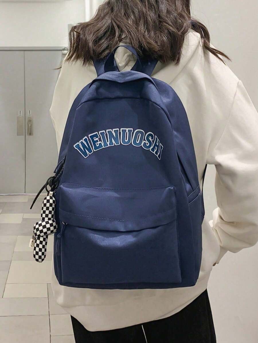Women's Solid Color Functional Backpack With Pendant - Blue - View 1