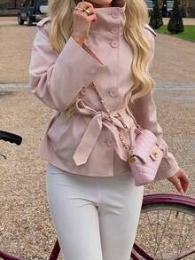 Mantel Trench Midi Lengan Panjang Kerah Tegak dengan Kancing dan Sabuk Warna Pink untuk Musim Gugur/Musim Dingin, Cocok untuk Kencan atau Kantor - Berwarna merah muda - View 2