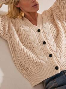Autumn Vintage Cable Textured V Neck Cardigan, Long Sleeve, Weekend Gathering Halloween Thanksgiving Street Casual Look - Apricot - View 3