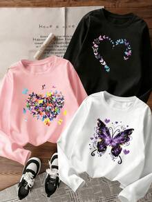 3pcs-Tween Girl Casual Fun Print Crew Neck Pullover Long Sleeve T-Shirt, Autumn/Winter Top - Black - View 1