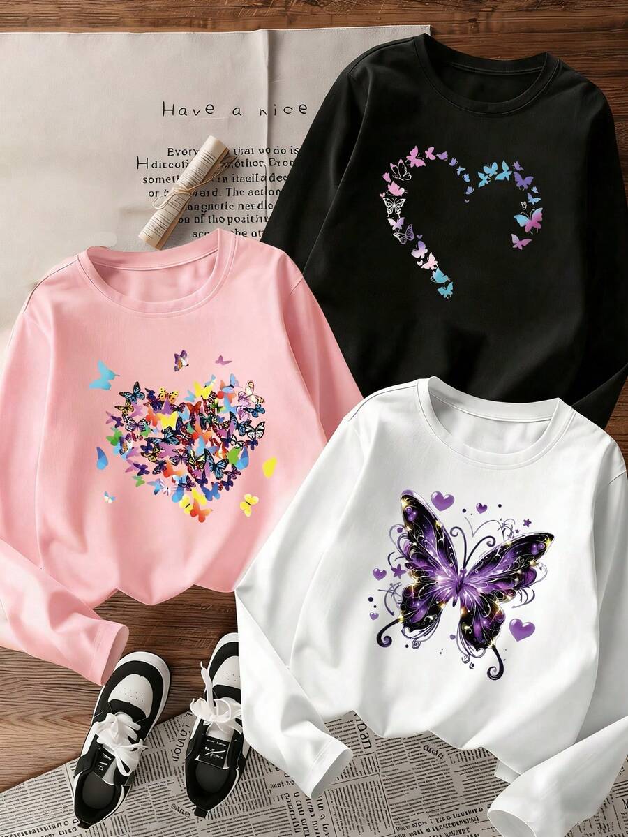 3pcs-Tween Girl Casual Fun Print Crew Neck Pullover Long Sleeve T-Shirt, Autumn/Winter Top - Black - View 1