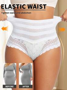 Plus Size High Waist Shaping Lace Panties Sexy Thong Seamless Tummy Control G-String Slimming Women's Underwear - White - View 1