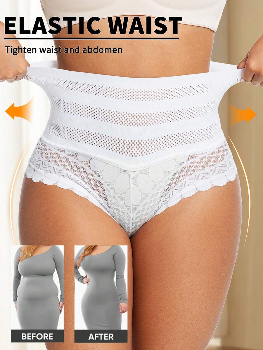 Plus Size High Waist Shaping Lace Panties Sexy Thong Seamless Tummy Control G-String Slimming Women's Underwear - White - View 1